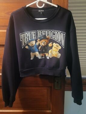 True Religion Teddy Graphic Cropped Sweatshirt - Black with Multicolor Teddies